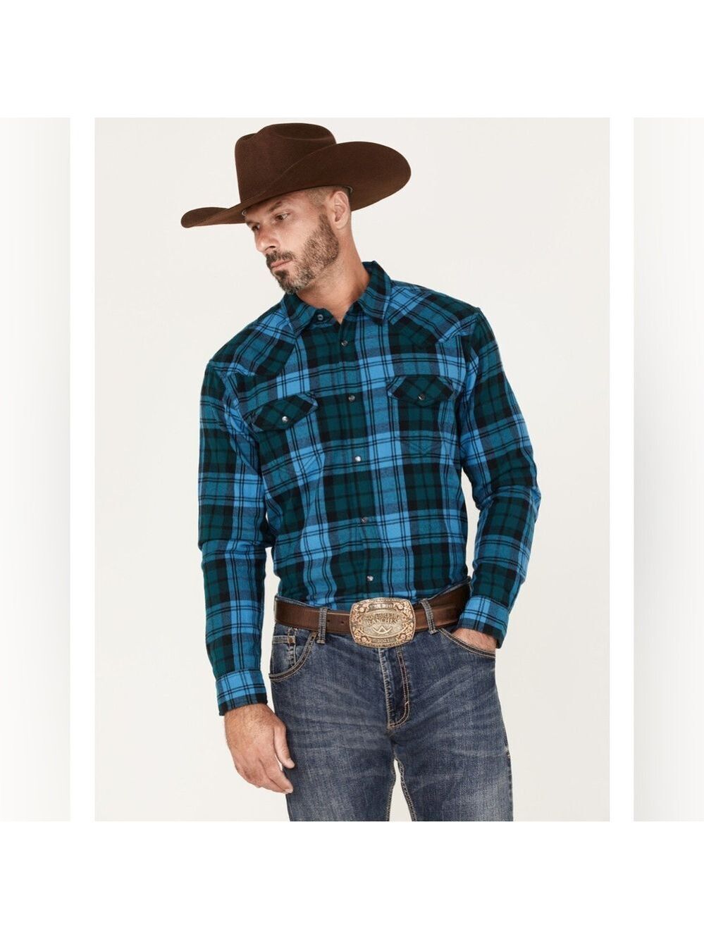 Men's Turquoise & Black Plaid Western Button-Down Shirt